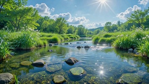 晴朗夏日溪流治愈风景