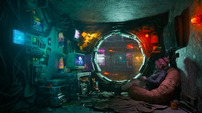 科幻房间玩游戏女孩