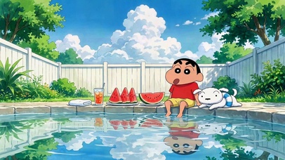 夏日泳池蜡笔小新与小白