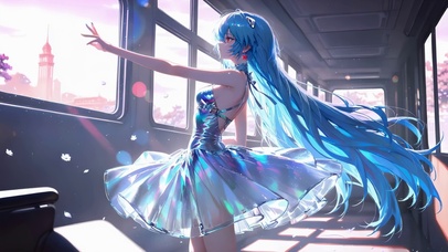 夕阳下列车里的蓝发炫彩少女