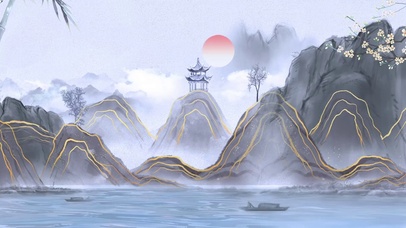 中国风紫色唯美水墨山水画