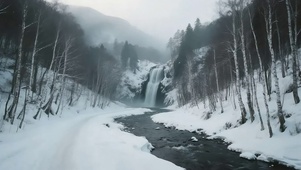积雪松林瀑布河流