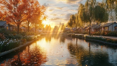 傍晚黄昏河岸古镇风景