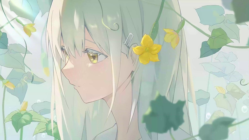 浅银绿长发动漫少女侧脸被藤蔓黄花环绕
