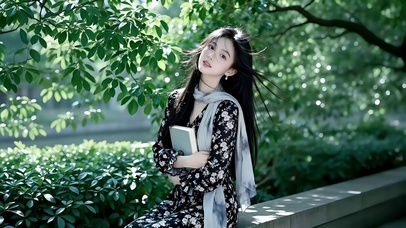 绿化花坛边看书的长发美女