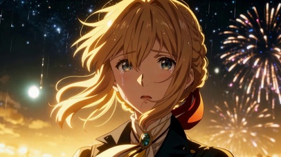 雨夜烟花下的动漫美少女