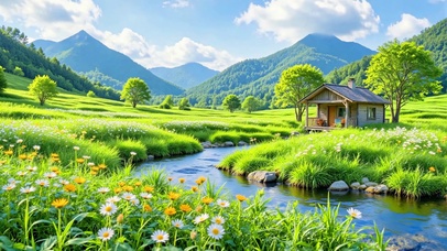 护眼山涧溪水绿色小屋