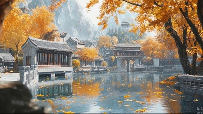 秋日落叶古风庭院池塘