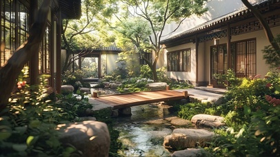 午后阳光庭院小桥流水