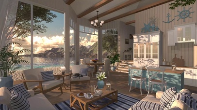 傍晚夕阳湖边别墅小屋