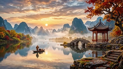 秋暮漓江渔亭