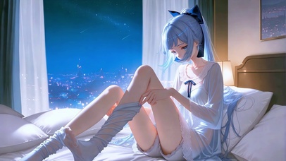 窗边白丝长发睡意萝莉