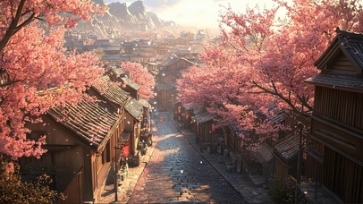 樱花烂漫古风小镇午后