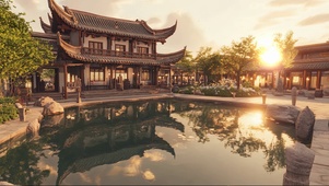 静谧古风唯美园林池塘