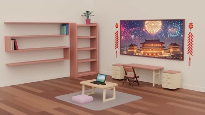 3D中国风烟花主题书架壁纸