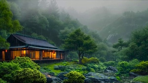 山间云雾雨天木屋 