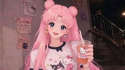 粉月少女的甜饮晚风