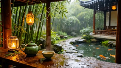 竹林园林木屋雨景