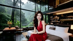 林间别墅坐在床边的红衣美女