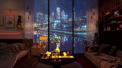 都市雨天夜景房间