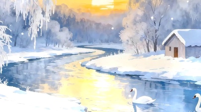 雪景树木河流双屏