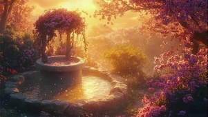 黄昏落日森林唯美古井