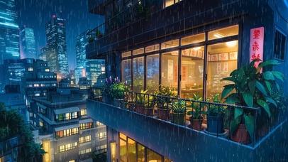 雨夜城市阳台