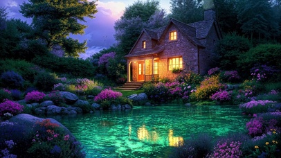 傍晚河边安静小房子