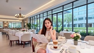 高级餐厅在看菜单的性感美女