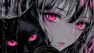 雨天粉瞳少女与黑猫