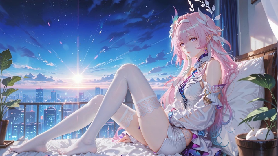 粉白渐变长发的二次元少女坐在床面靠着白枕，窗外是黄昏星芒下的亮灯城市天际线。