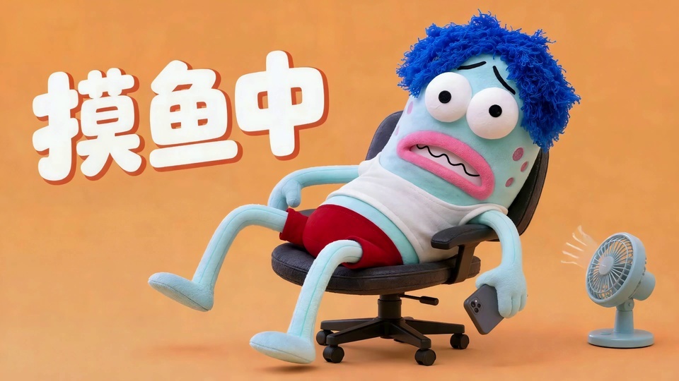 摸鱼主题浅蓝色毛绒卡通布偶坐在办公椅上