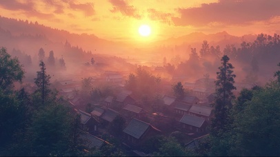 俯瞰朦胧傍晚落日小镇