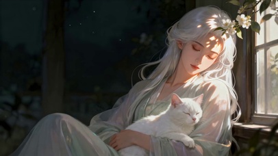 窗边银发少女与白猫