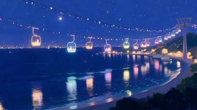 夜景海面空中缆车