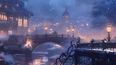 夜景雪景城市河流带鱼屏