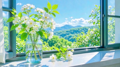 窗台洁白小花