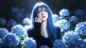 鲜花从蓝发女孩