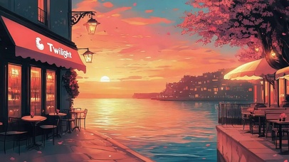 粉色晚霞海岸暮色商店