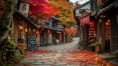 秋日静谧小镇商店街景