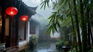 江南雨巷红笼竹韵