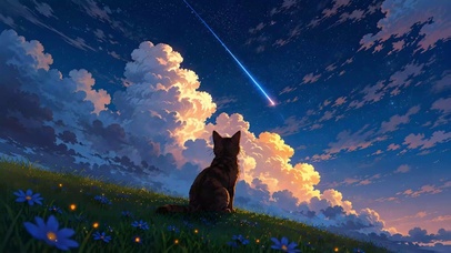 星空下草地的猫