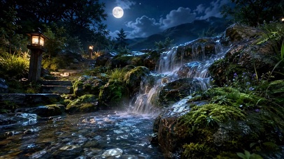 月下溪流夜景