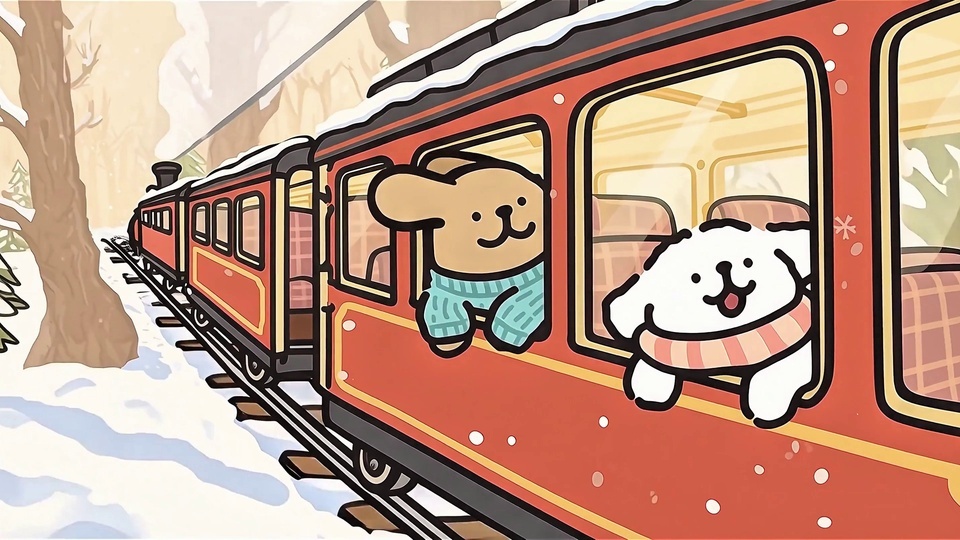 冬日积雪林间铁轨上，红色复古客运火车驶过，两只软萌线条小狗从车窗探出身子，暖调卡通治愈风格，满是冬日出行的松弛氛围。