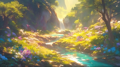 阳光鲜花溪流