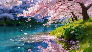 湖边樱花树