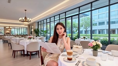 高级餐厅在看菜单的性感美女