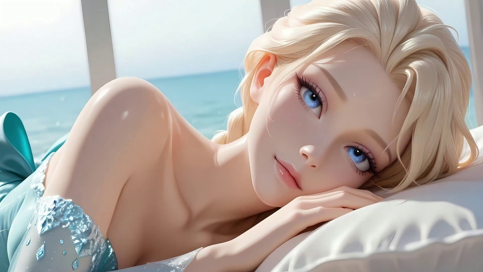 3D金发蓝眼年轻女性侧躺于白色软垫，身后是朦胧亮蓝色近海
