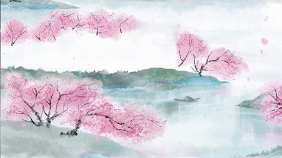 江南水乡桃花柳树国画建筑古风