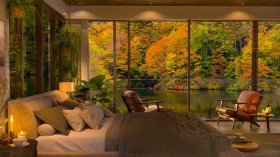 秋林红叶湖边温馨卧室